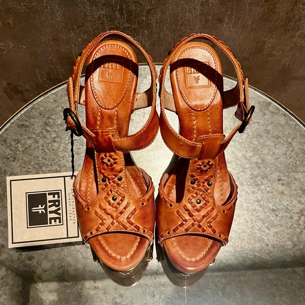 Frye Brown Leather Platform Sandals - Picture 2 of 4